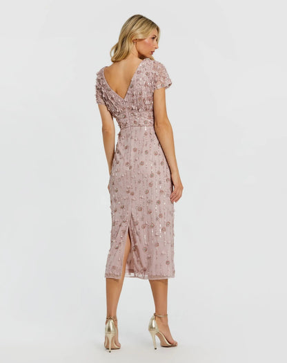 Petite Pink Cap Sleeve Sheath Midi Dress With Floral Beading