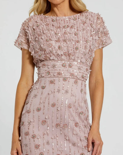 Petite Pink Cap Sleeve Sheath Midi Dress With Floral Beading