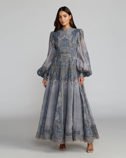 Petite Slate Blue Bishop Sleeve Printed Cotton A-Line Dress