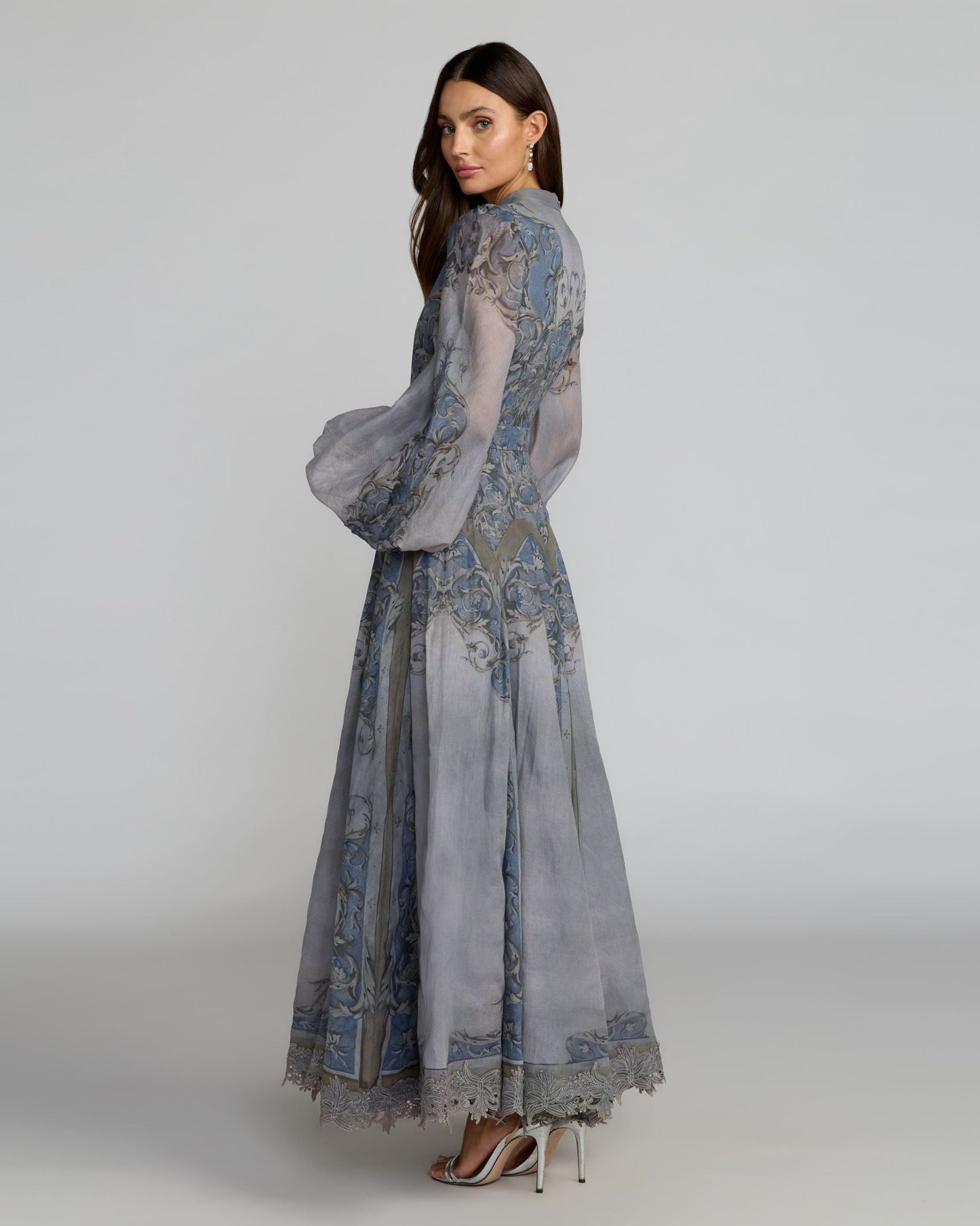 Petite Slate Blue Bishop Sleeve Printed Cotton A-Line Dress