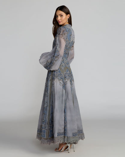 Petite Slate Blue Bishop Sleeve Printed Cotton A-Line Dress