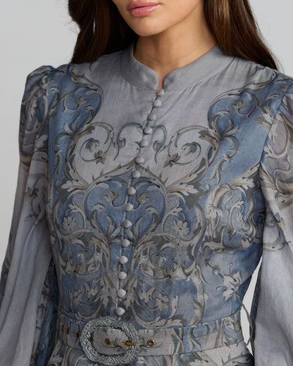Petite Slate Blue Bishop Sleeve Printed Cotton A-Line Dress