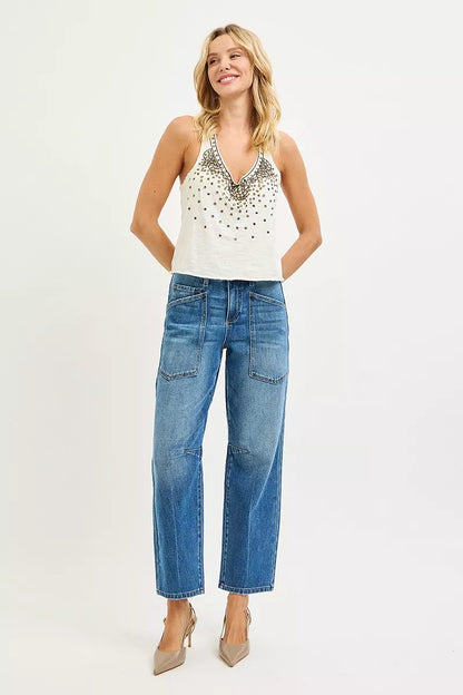Hazel Blues® |  RISEN 4 Way Stretch Mid Rise Barrel Jeans with Patch Pocket Detail