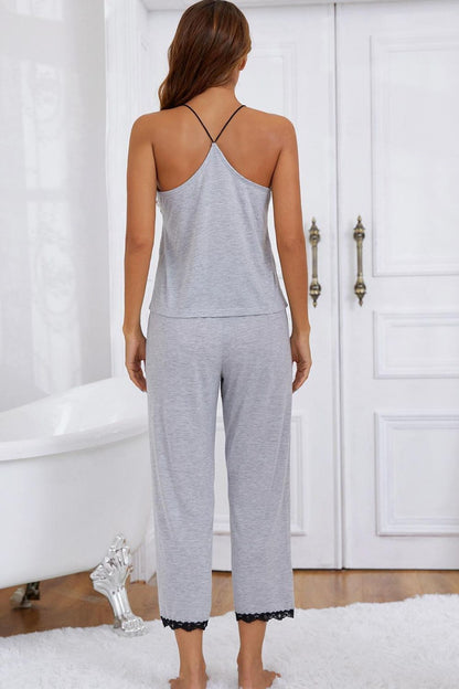 Hazel Blues® |  Halter Neck Cami and Lace Trim Pajama Set
