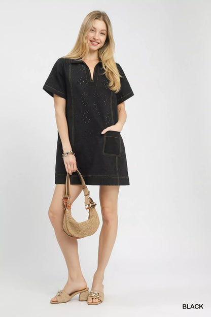 Hazel Blues® |  Umgee Eyelet Short Sleeve Shift Dress with Pocket