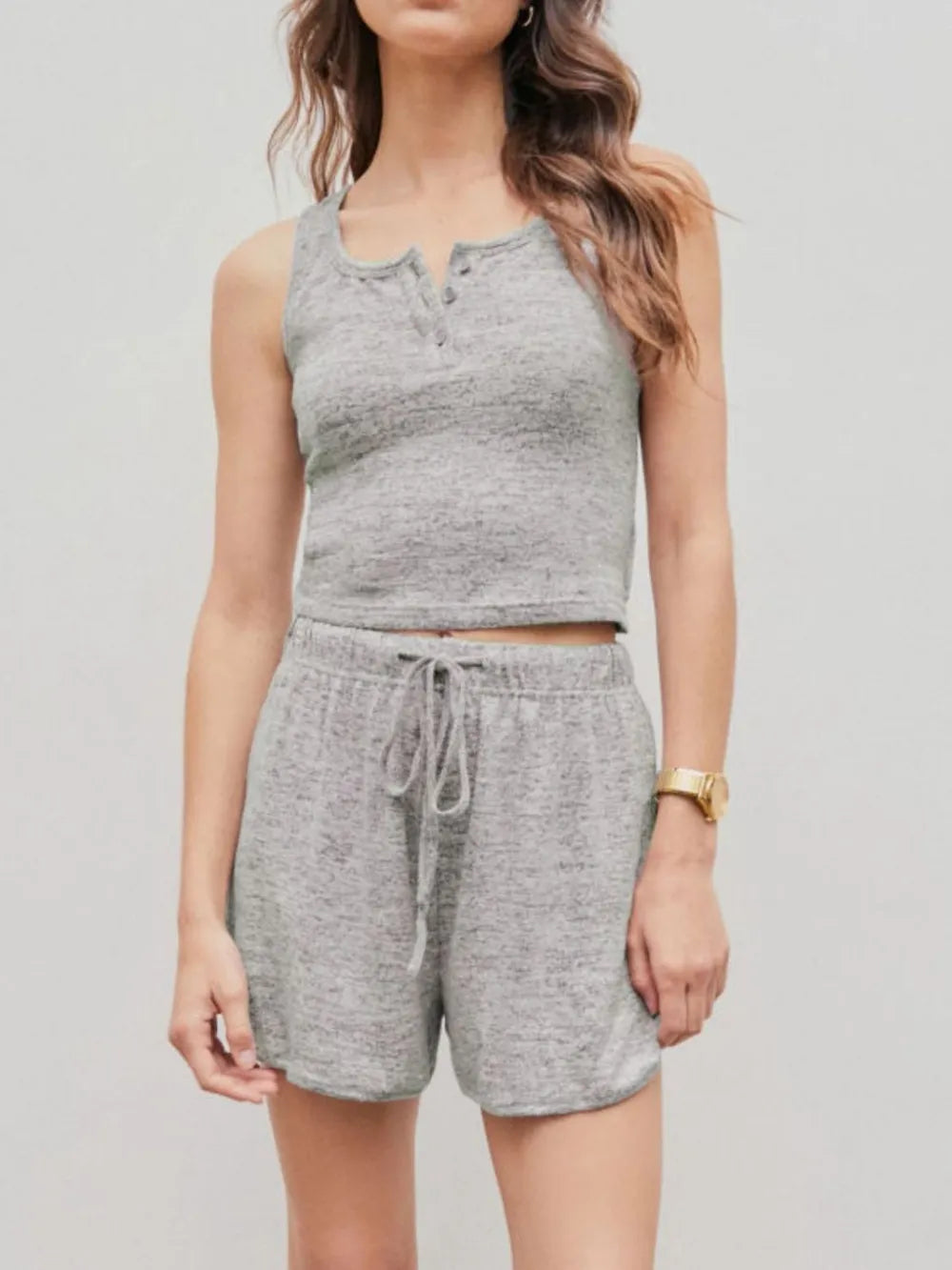 Hazel Blues® |  Quarter Button Sleeveless Top and Drawstring Shorts Lounge Set