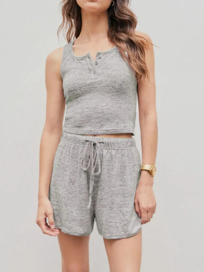 Hazel Blues® |  Quarter Button Sleeveless Top and Drawstring Shorts Lounge Set