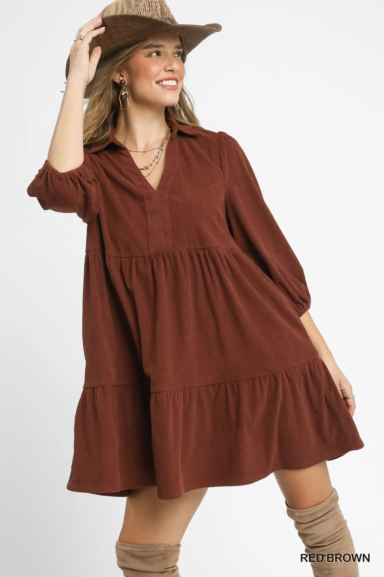 Hazel Blues® |  Umgee Tiered Corduroy Mini Dress with Balloon Sleeves