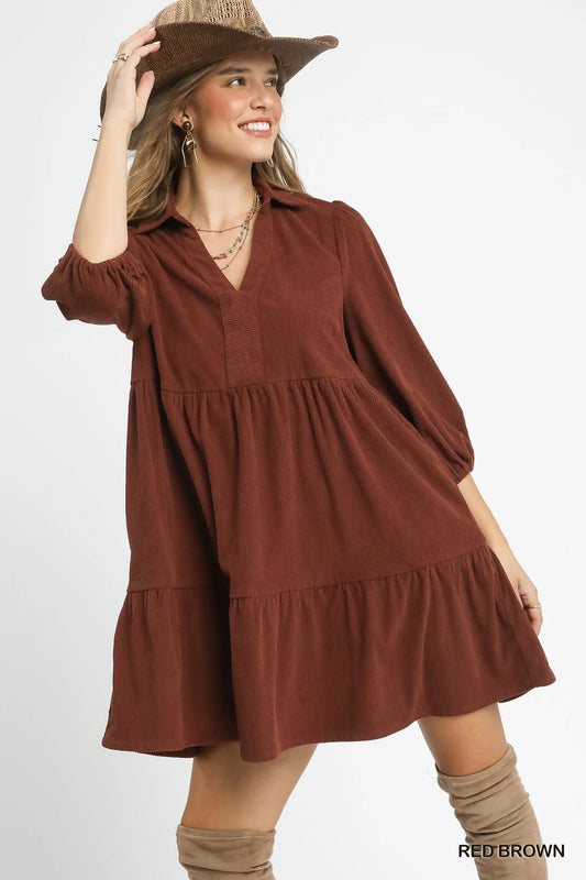 Hazel Blues® |  Umgee Tiered Corduroy Mini Dress with Balloon Sleeves