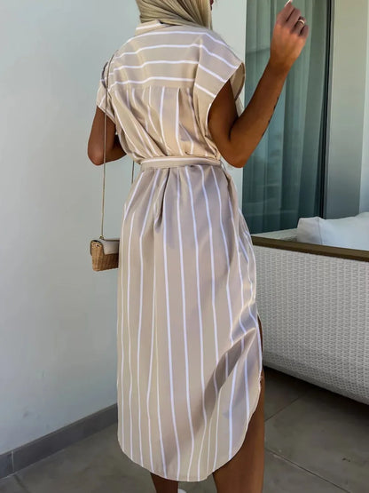 Hazel Blues® |  Striped Tie Waist Short Sleeve Dress