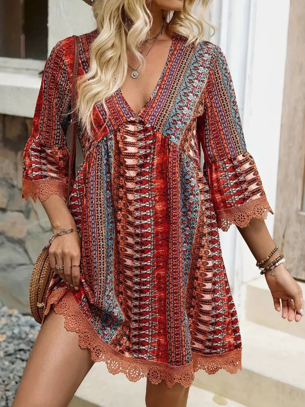 Hazel Blues® |  Lace Trim Printed V-Neck 3/4 Sleeve Dress