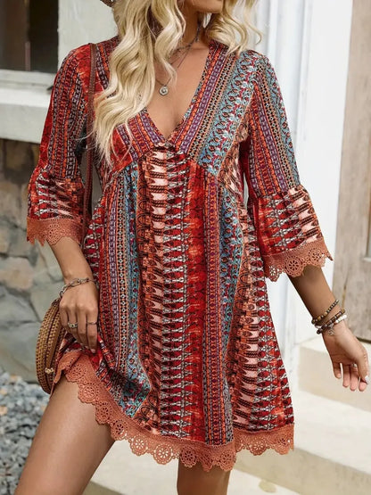 Hazel Blues® |  Lace Trim Printed V-Neck 3/4 Sleeve Dress