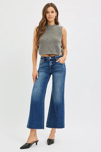 Hazel Blues® | RISEN Mid Rise Crop Wide Raw Cut Hem Jeans