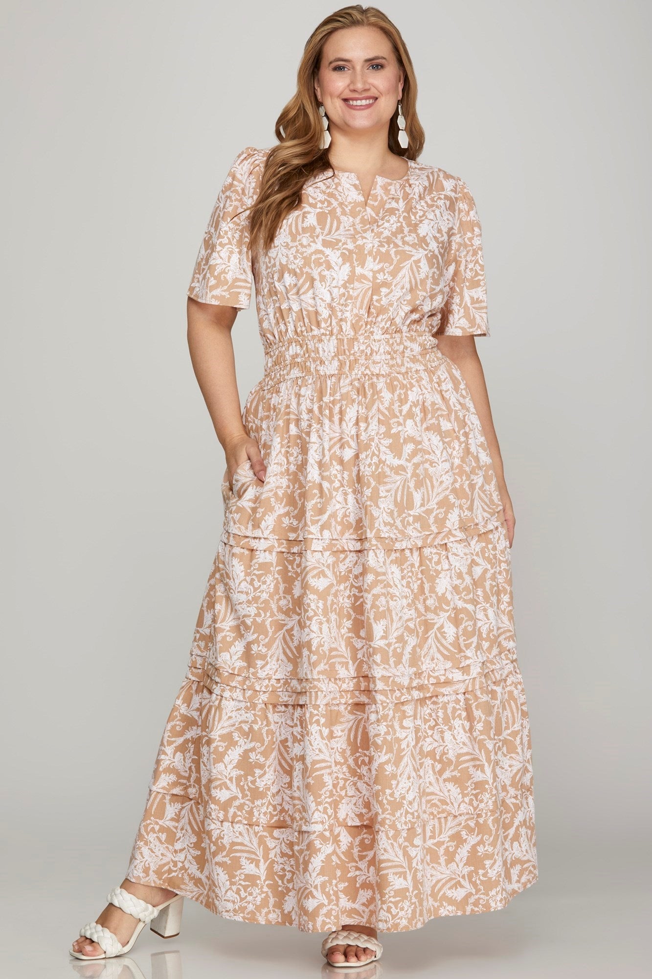 Hazel Blues® |  She + Sky Printed Notched Woven Tiered Pintuck Maxi Dress with Side Pockets