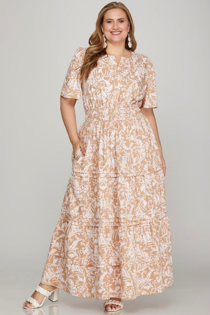 Hazel Blues® |  She + Sky Printed Notched Woven Tiered Pintuck Maxi Dress with Side Pockets