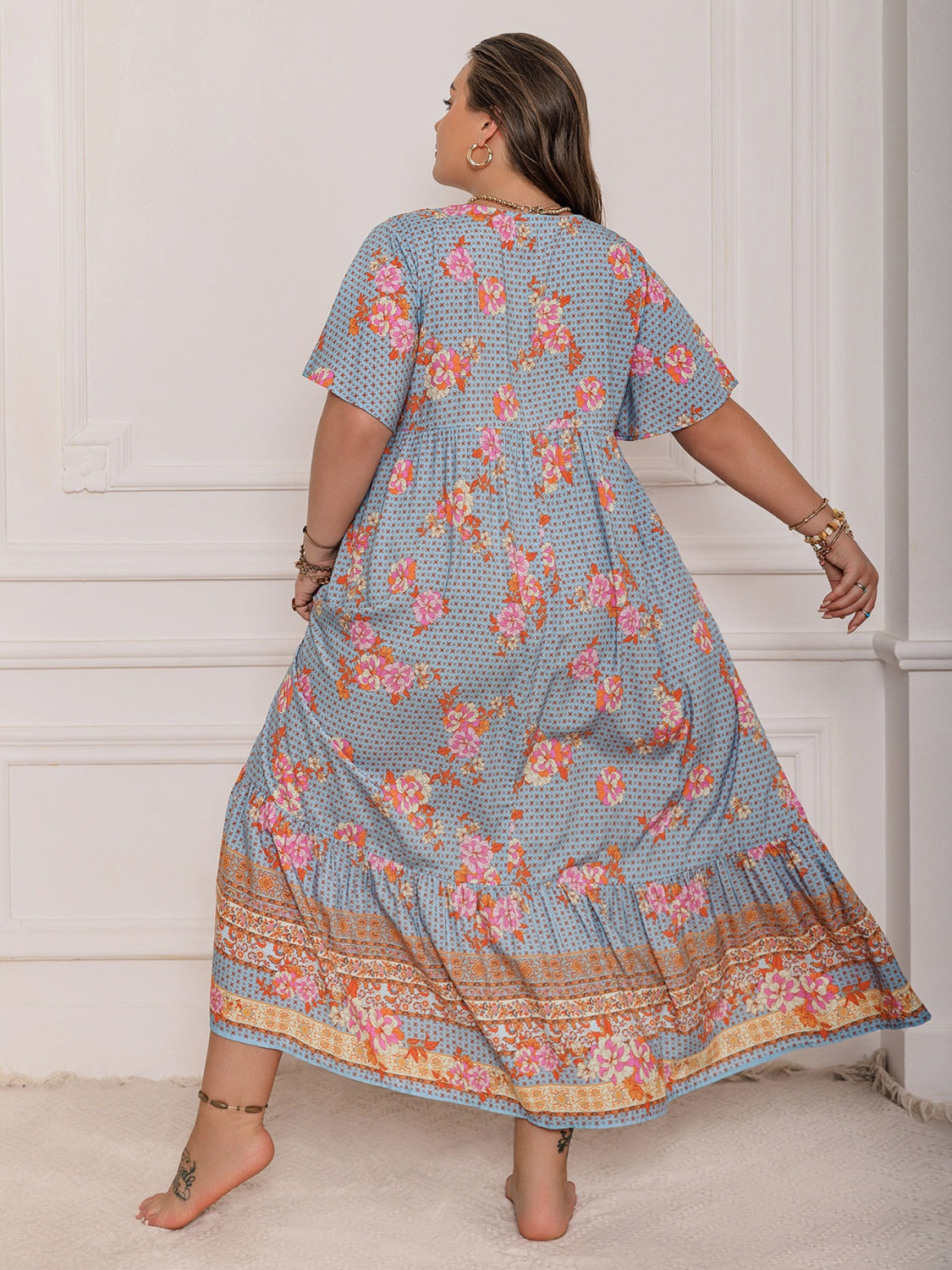 Hazel Blues® | Printed Tie Neck Flutter Sleeve Maxi Dress