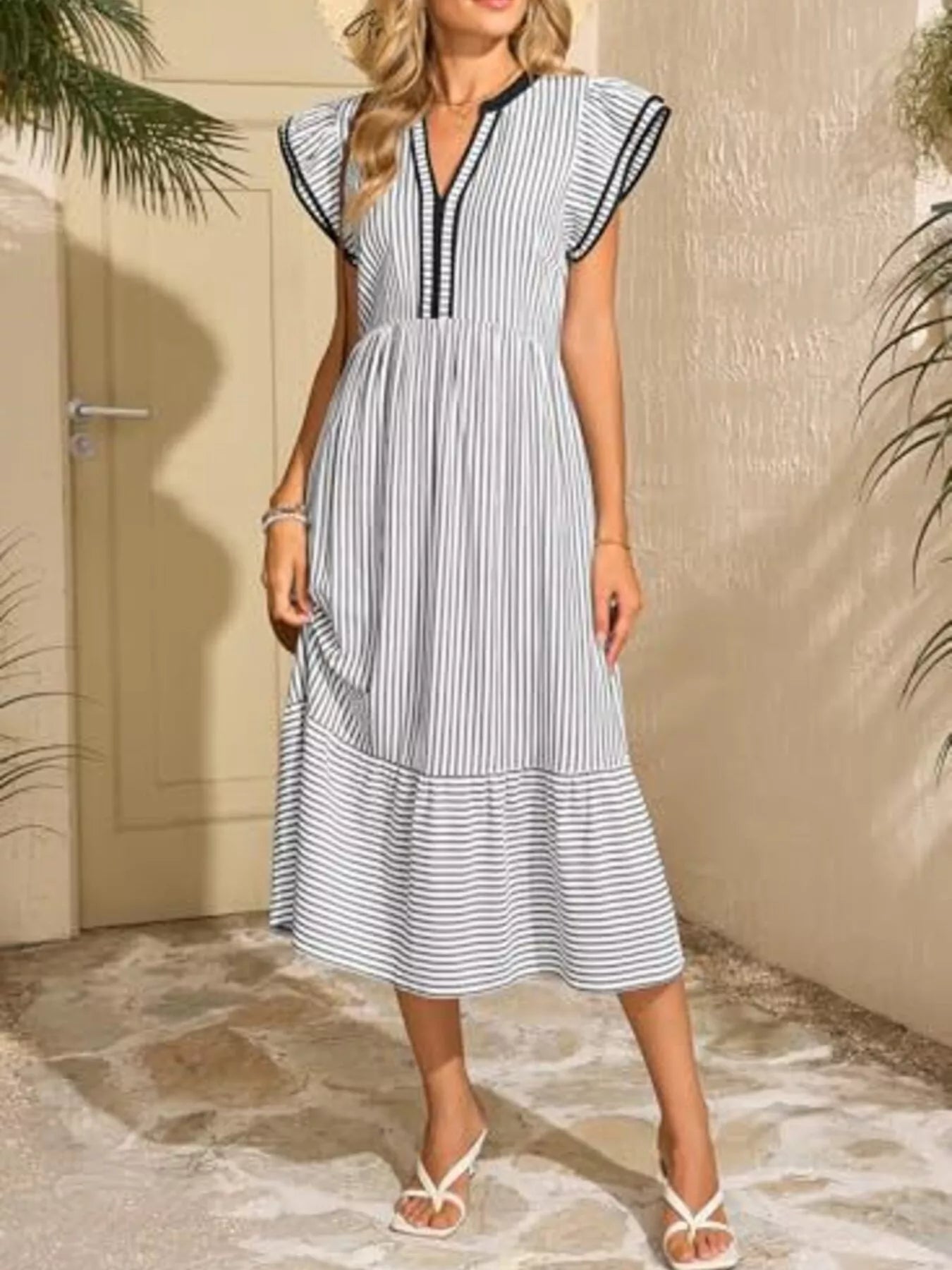Hazel Blues® |  Striped Notched Ruffle Sleeve Dress