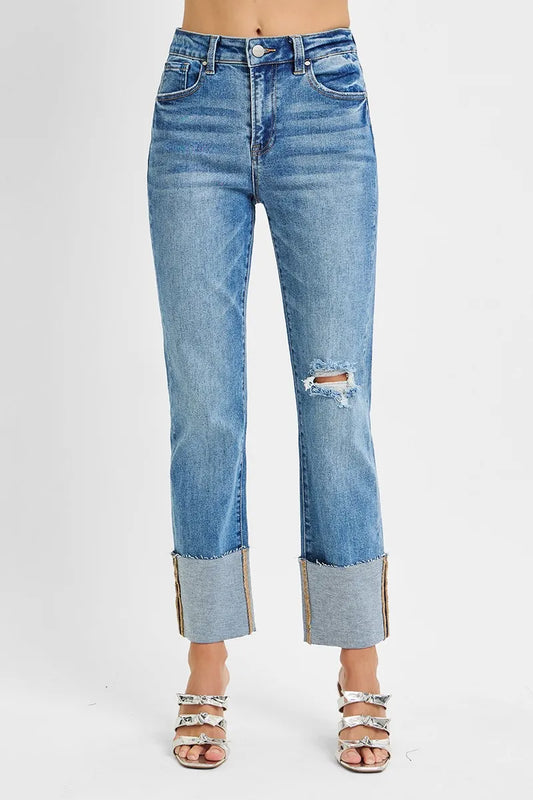 Hazel Blues® | RISEN High Rise Ankle Straight Wide Cuffed Jeans