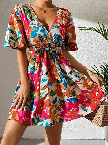 Hazel Blues® |  Printed Surplice Short Sleeve Mini Dress