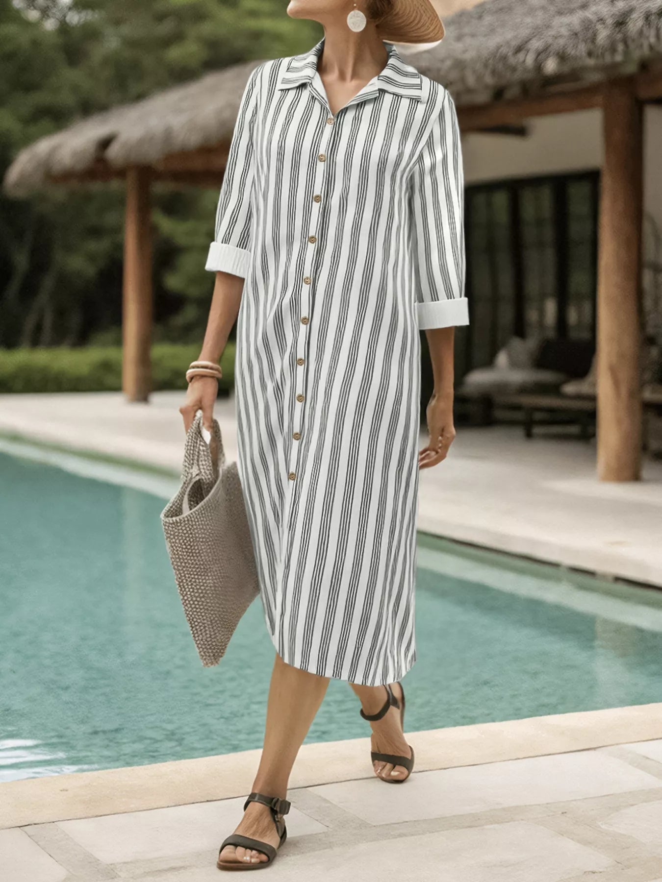 Hazel Blues® | Striped Button Front Midi Dress