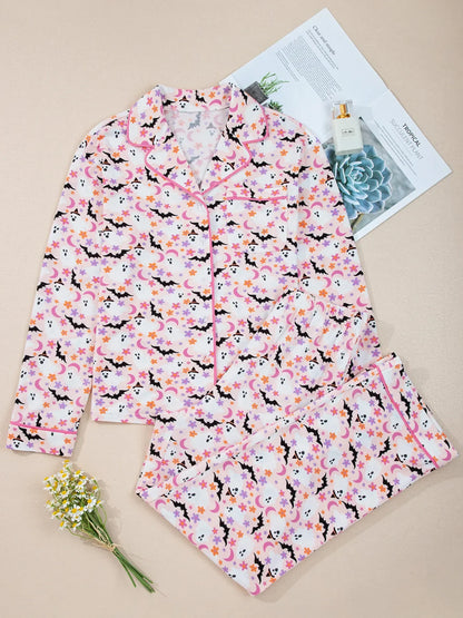 Hazel Blues® |  Halloween Ghost Print Button Up Top and Pants Lounge Set