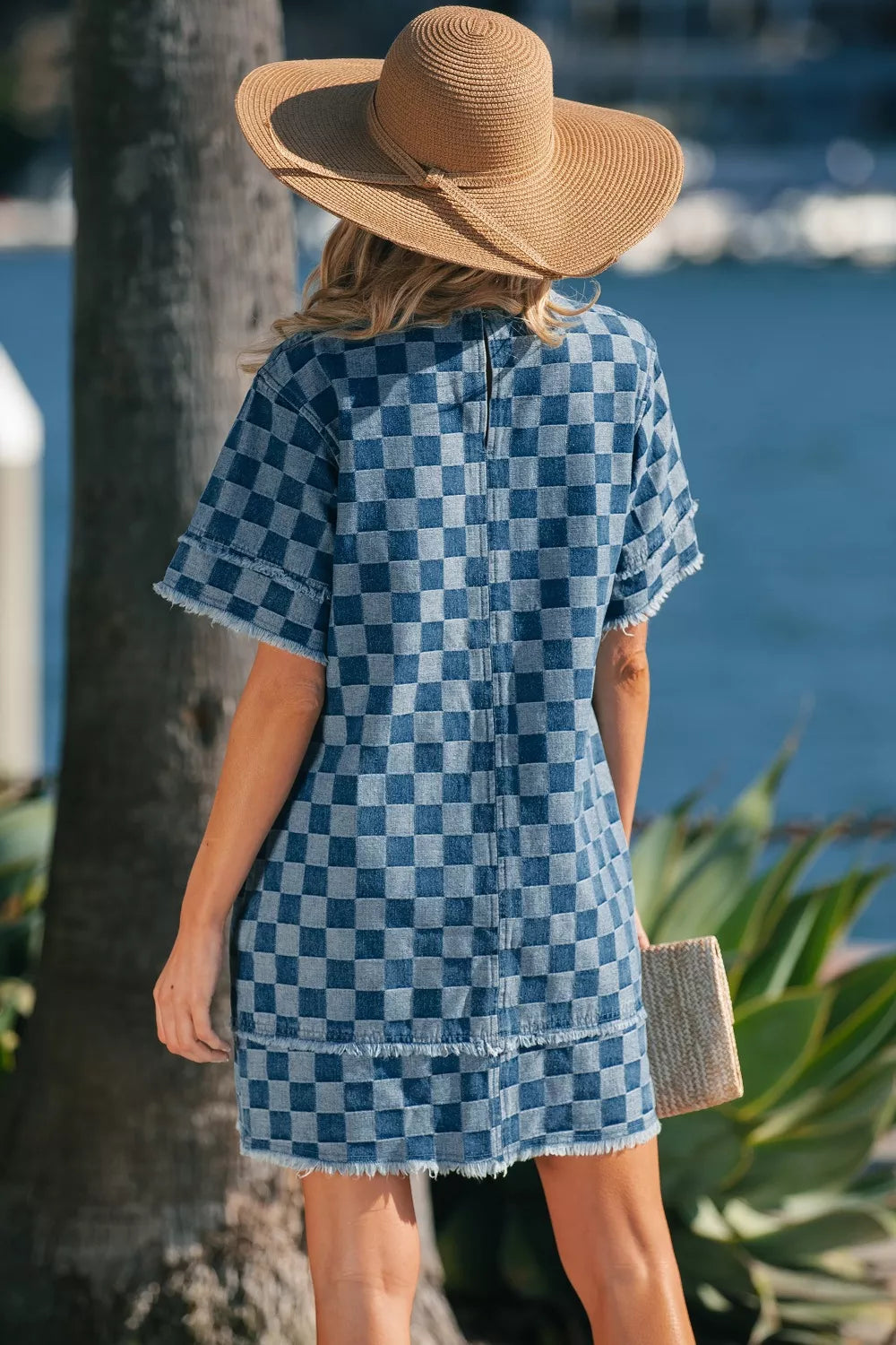 Hazel Blues® |  Frayed Hem Checkered Denim Mini Dress