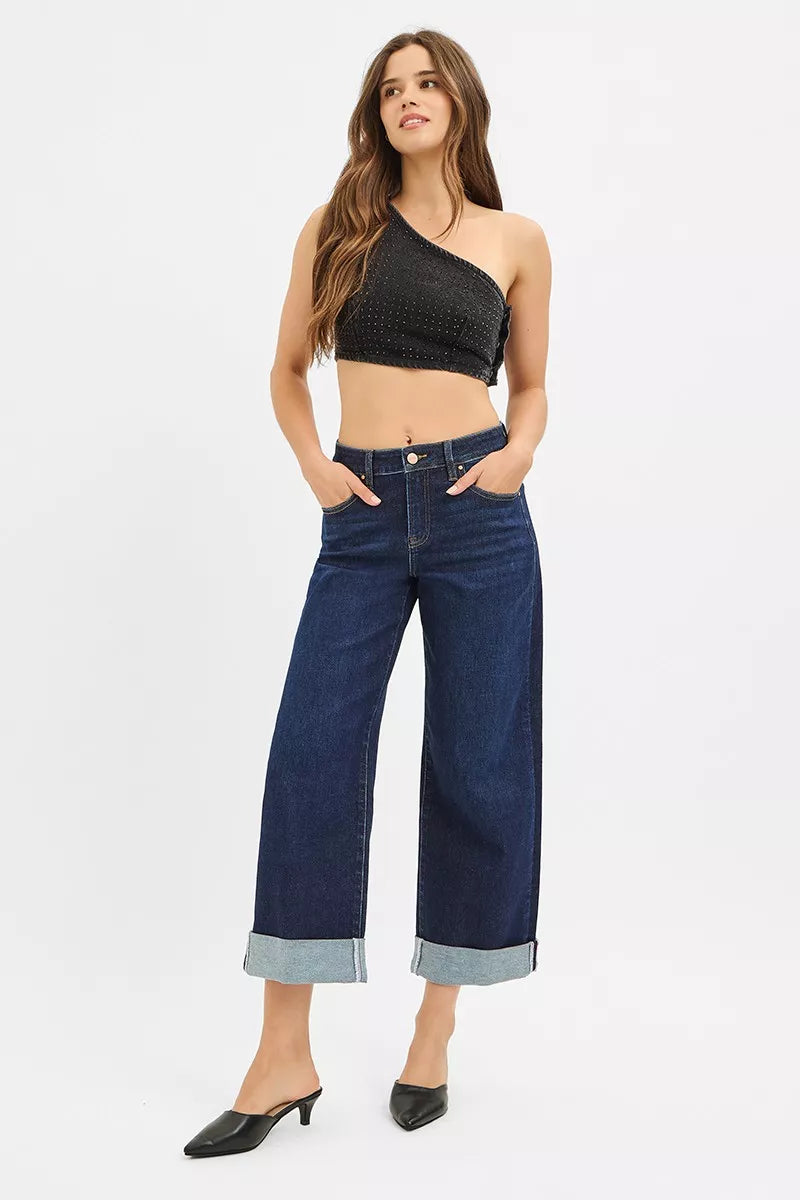 Hazel Blues® |  RISEN Mid Rise Fit Ankle Wide Roll Up Jeans