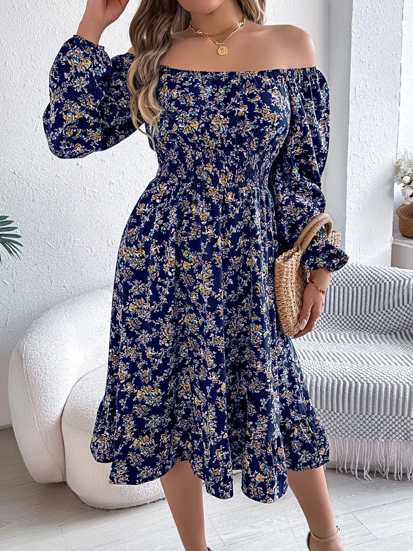 Hazel Blues® |  Floral Print Long Sleeve Square Neck Midi Dress