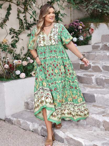 Hazel Blues® | Floral Tie Neck Flutter Sleeve Maxi Dress