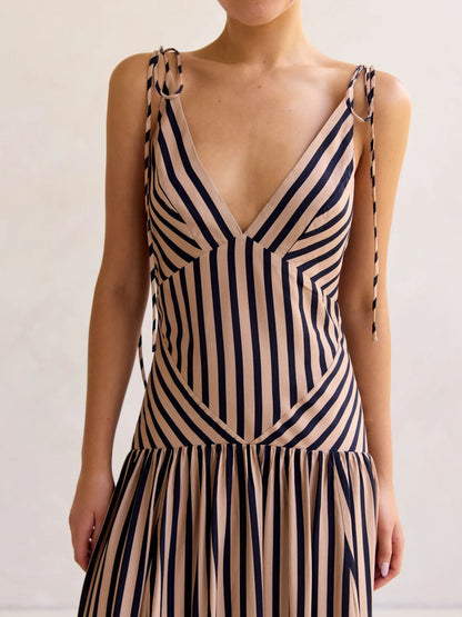 Hazel Blues® |  Striped V-Neck Tie-Shoulder Maxi Dress