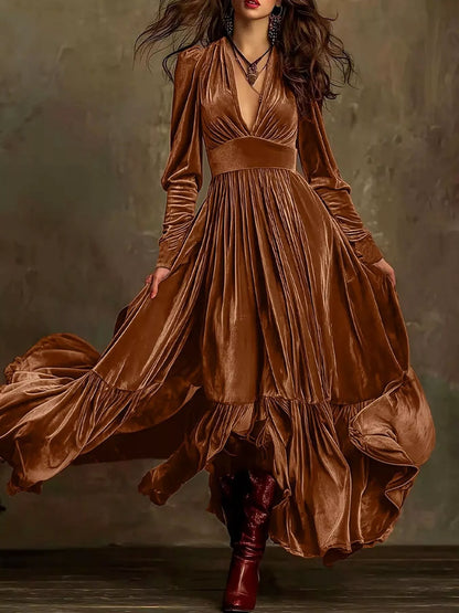 Hazel Blues® |  Elegant Velvet V-Neck Long Sleeve Maxi Dress