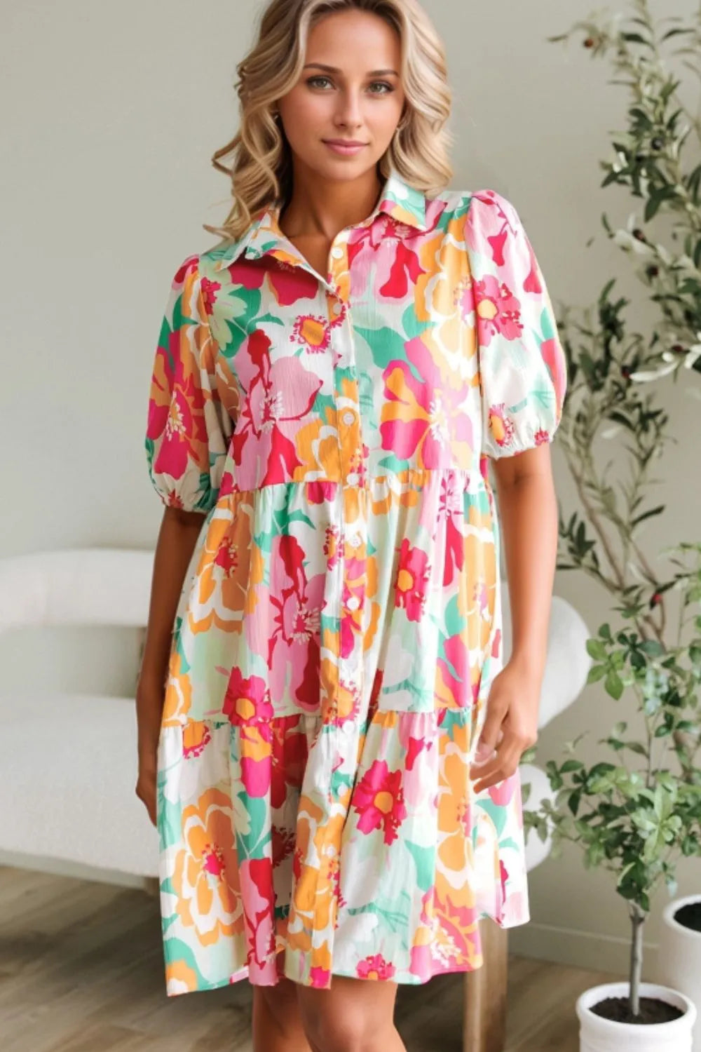 Hazel Blues® |  Button Down Floral Puff Sleeve Babydoll Dress