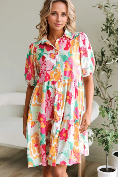 Hazel Blues® |  Button Down Floral Puff Sleeve Babydoll Dress