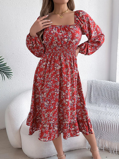 Hazel Blues® |  Floral Print Long Sleeve Square Neck Midi Dress