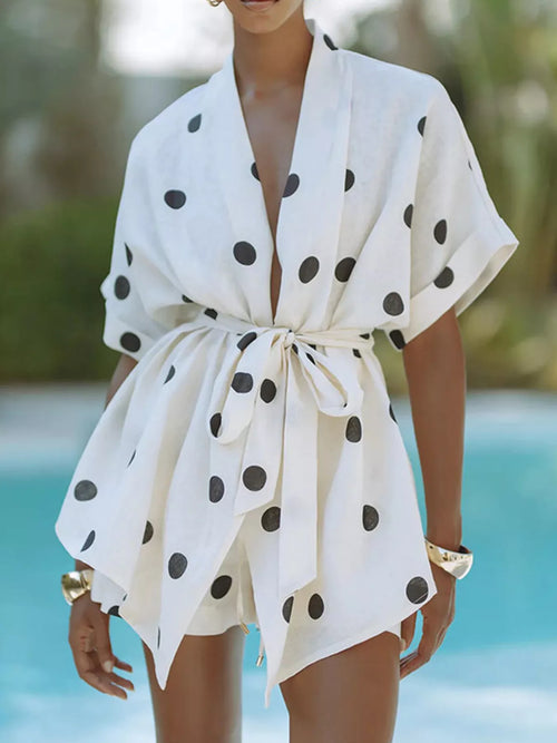 Hazel Blues® |  Polka Dot Tie Waist Top and Shorts Set