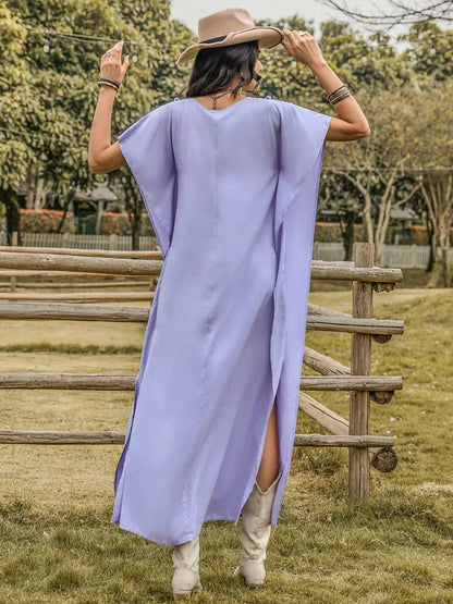 Hazel Blues® |  Side Slit Tie Neck Flutter Sleeve Dress