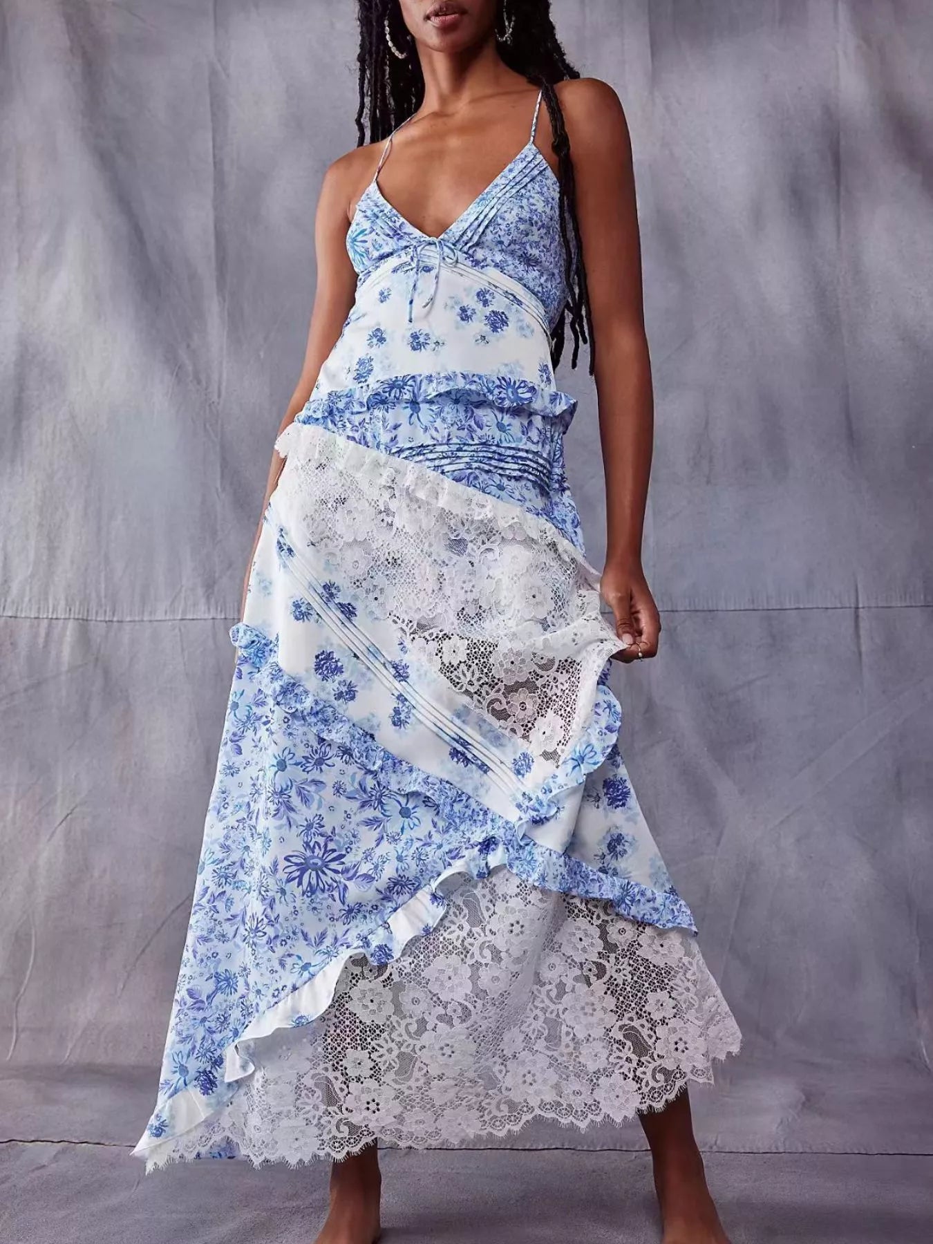 Hazel Blues® |  Lace Floral Print Ruffle Trim Maxi Dress