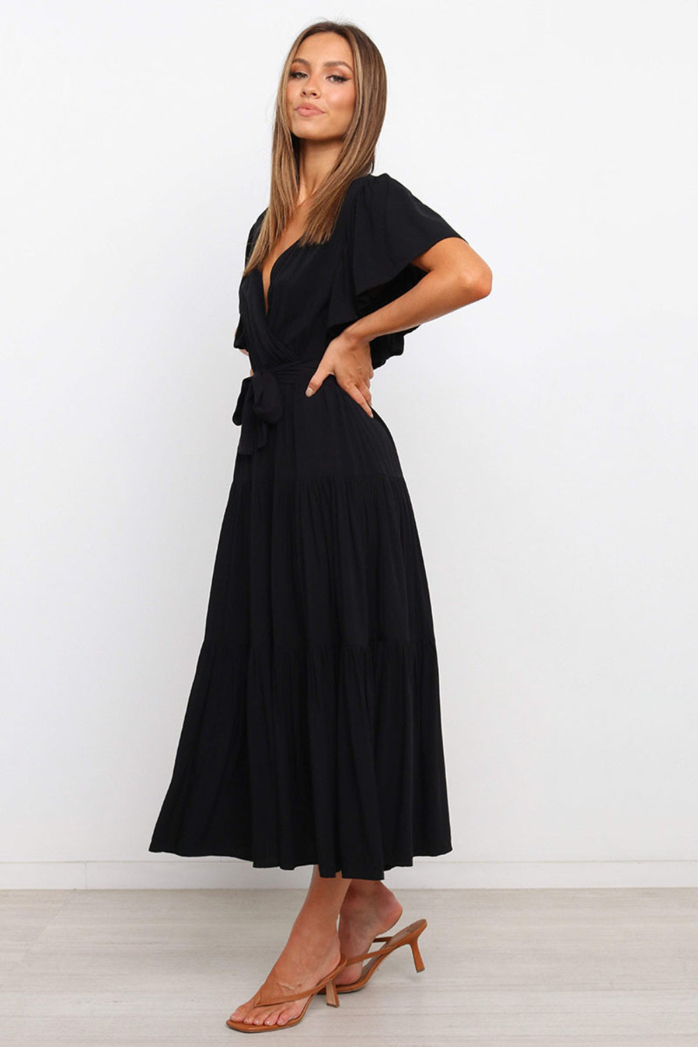 Hazel Blues® |  Front Tie Short Sleeve Tiered Midi Dress