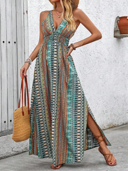 Hazel Blues® |  Tied Back Printed Sleeveless Maxi Slit Dress