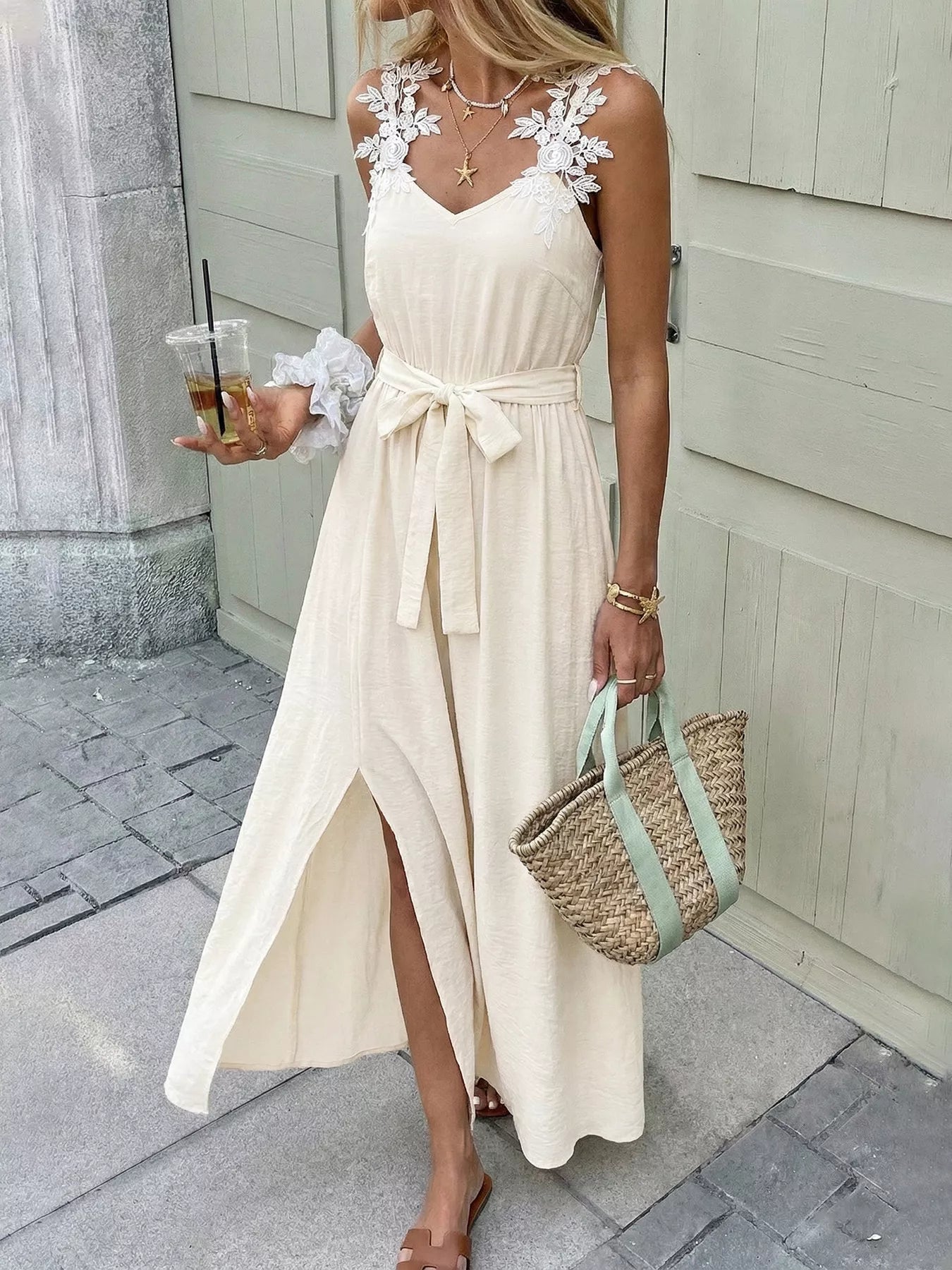 Hazel Blues® |  Lace Trimmed Slit Maxi Dress