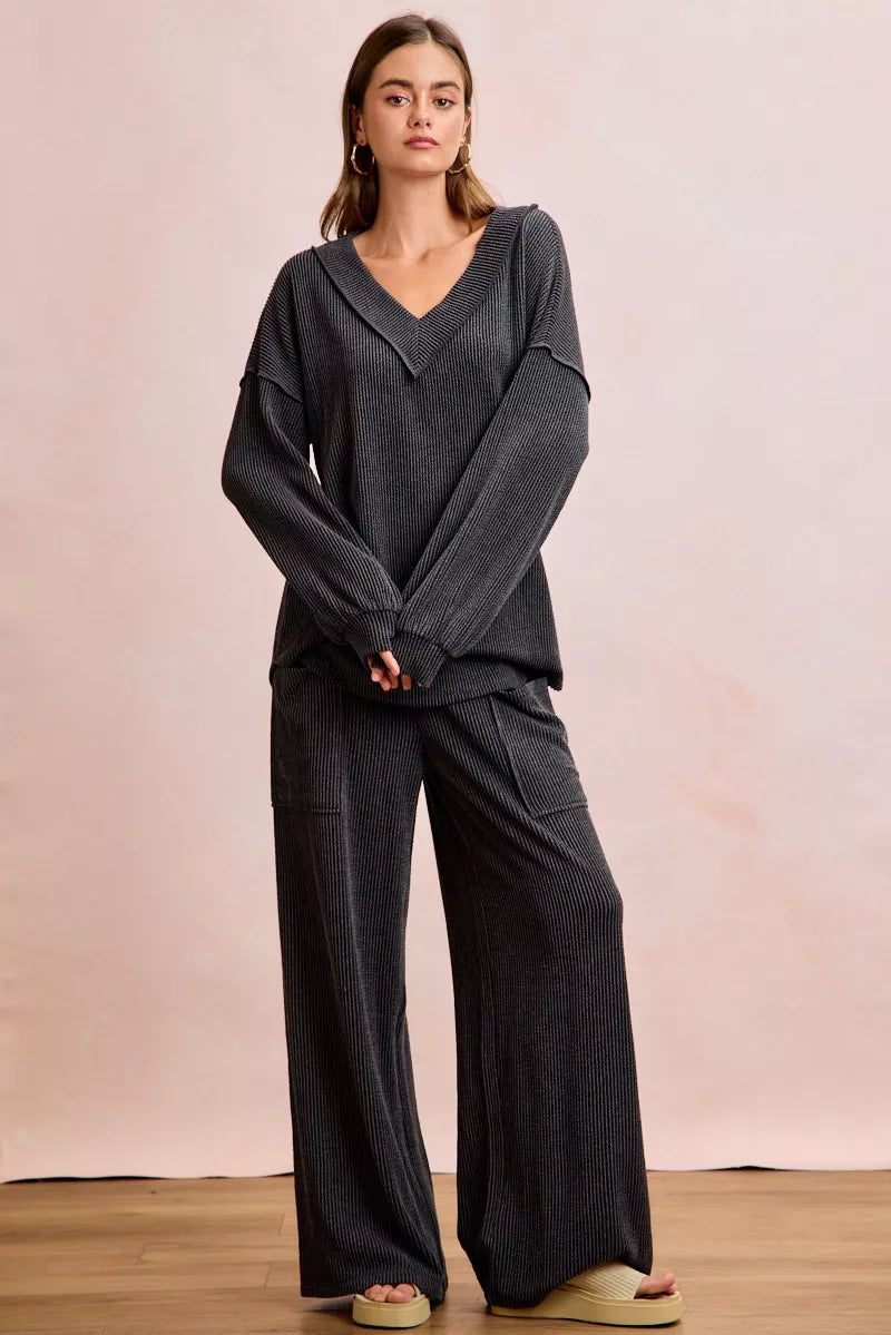 Hazel Blues® |  BiBi Two Tone Cord Rib Contrast Stitching V-Neck Top and Pants Set