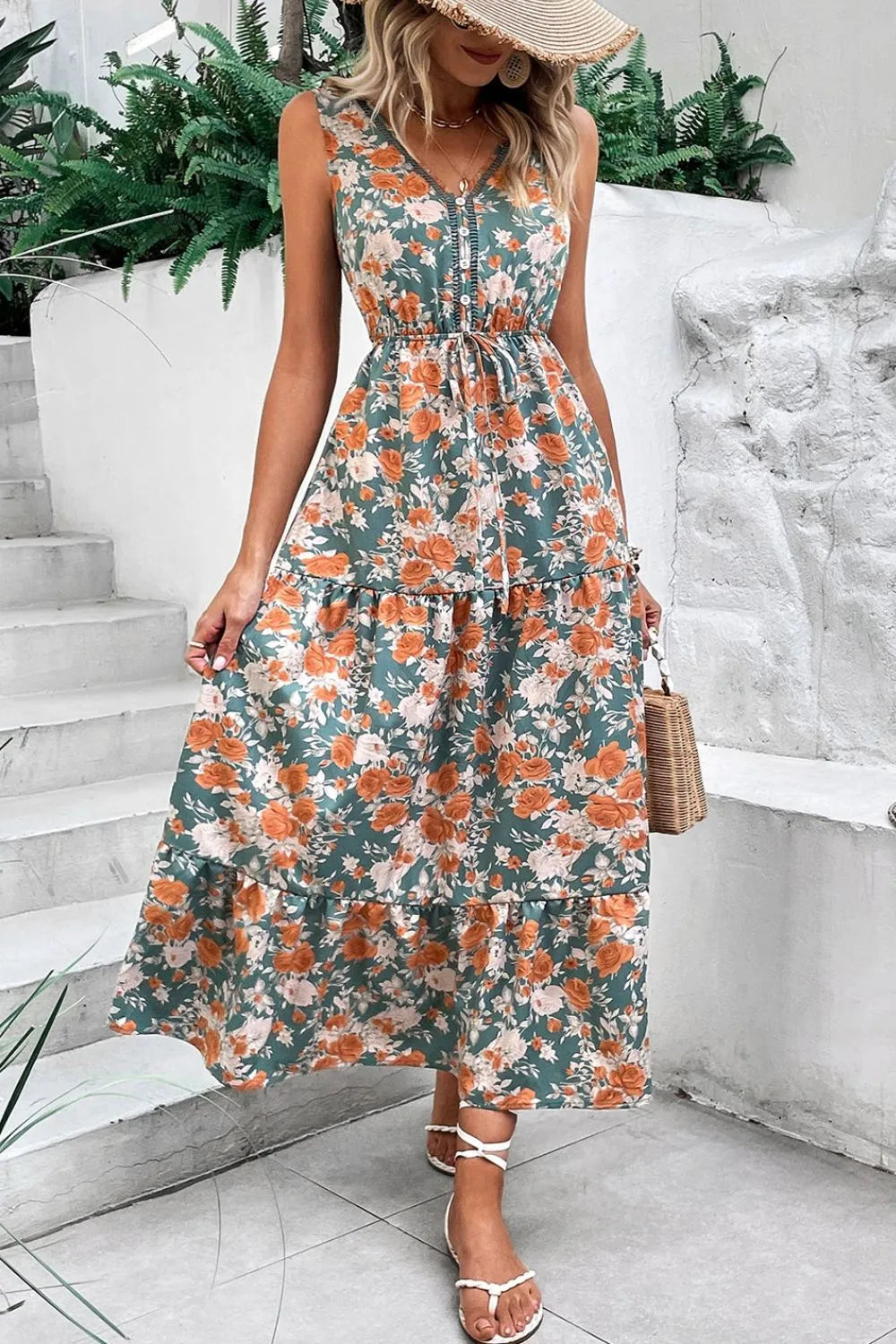 Hazel Blues® |  Floral Print Trimmed V Neck Tie Waist Sleeveless Dress