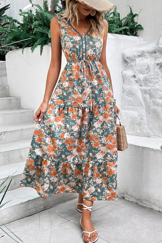 Hazel Blues® |  Floral Print Trimmed V Neck Tie Waist Sleeveless Dress