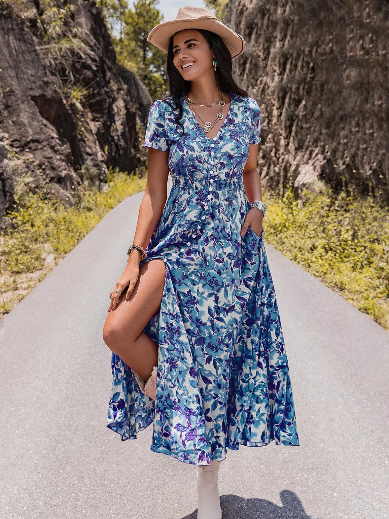 Hazel Blues® |  Floral Print V-Neck Slit Midi Dress