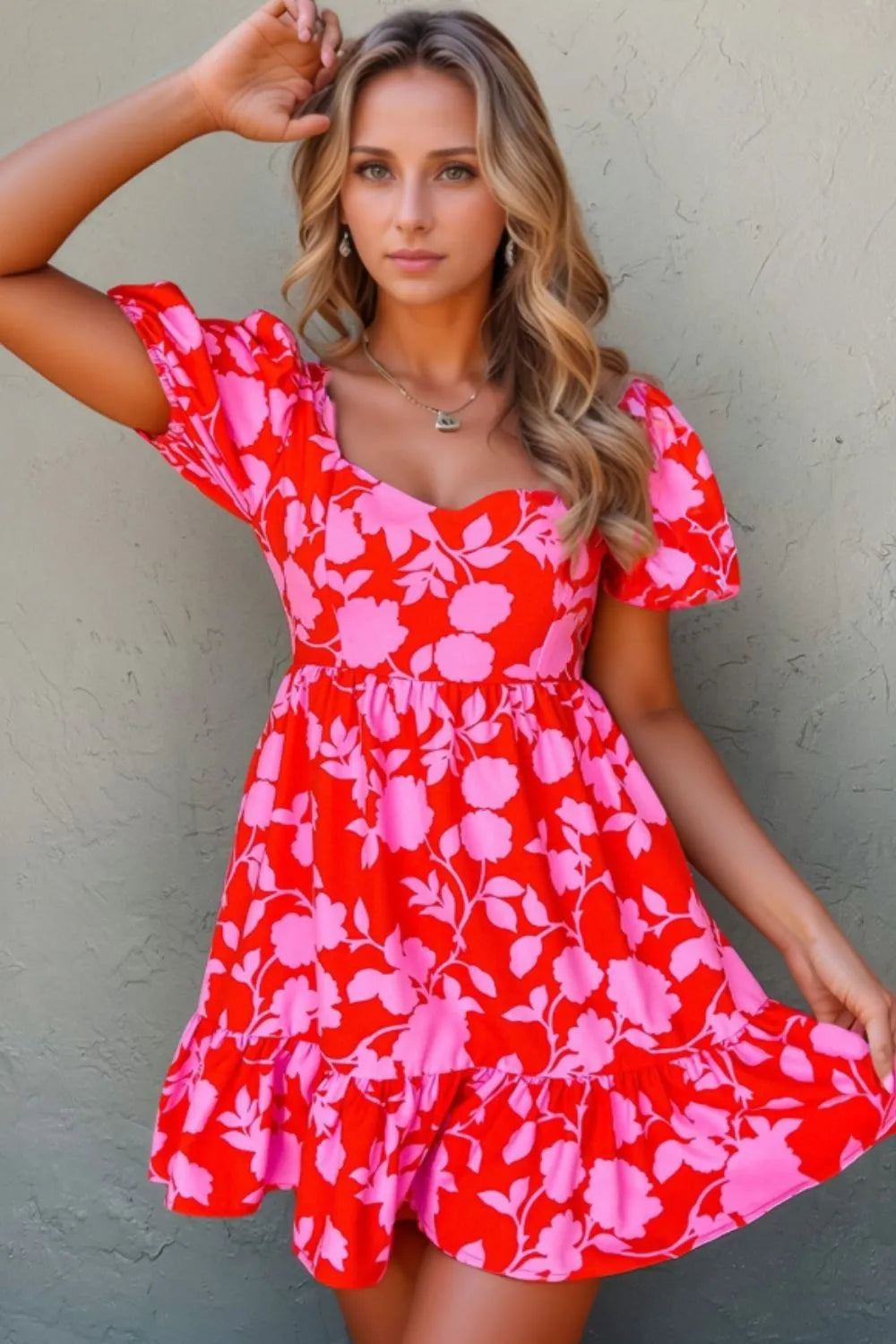 Hazel Blues® |  Floral Puff Sleeve Sweetheart Neck Ruffled Mini Dress