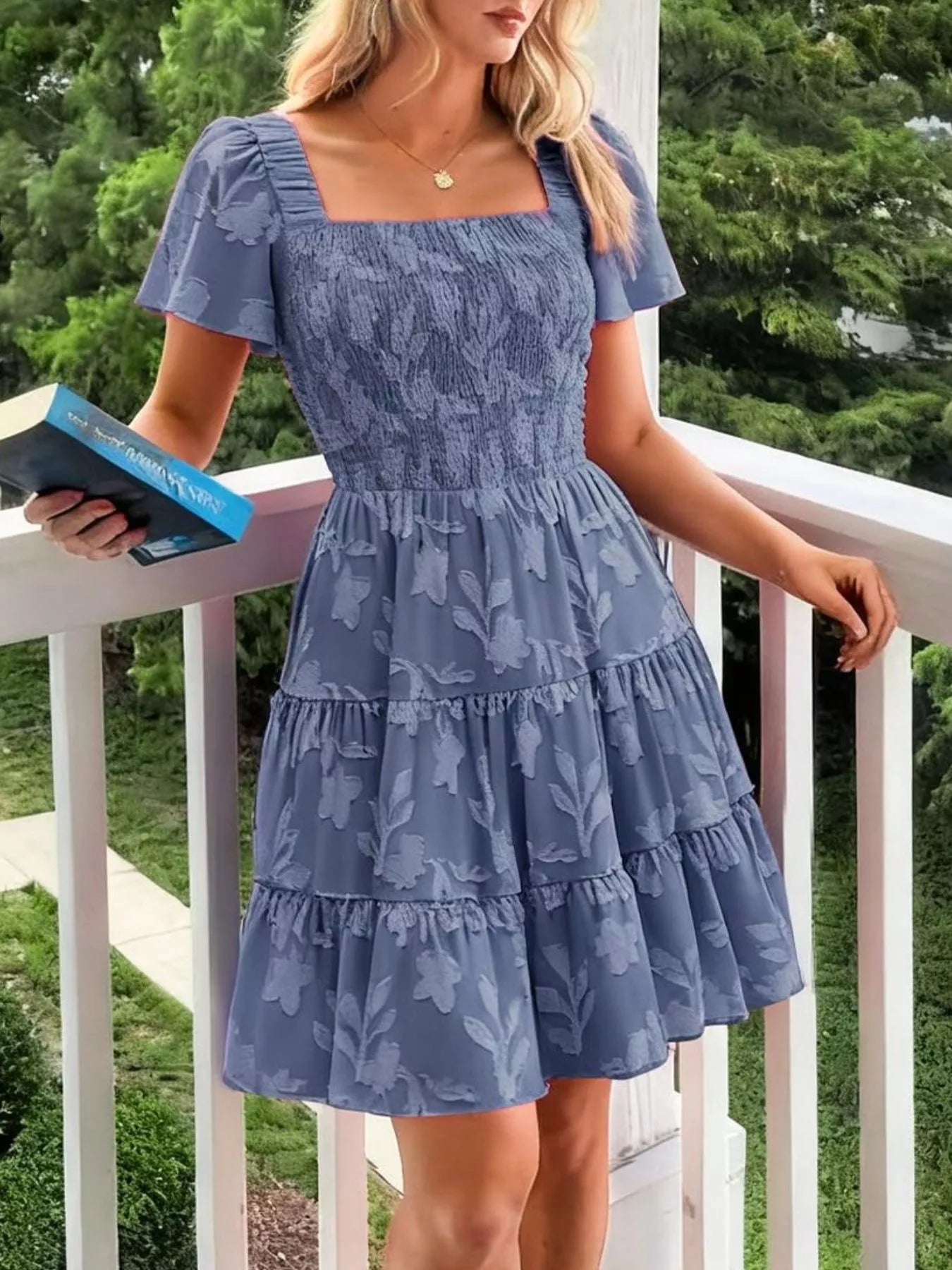 Hazel Blues® |  Smocked Square Neck Tiered Mini Dress