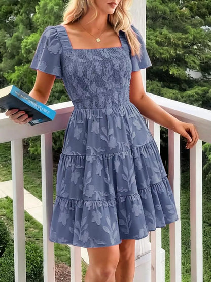Hazel Blues® |  Smocked Square Neck Tiered Mini Dress