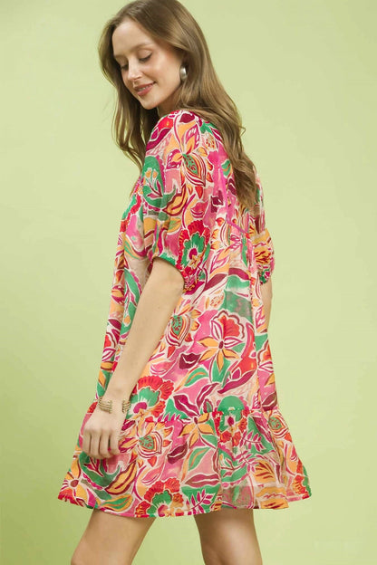 Hazel Blues® |  Umgee Abstract Print V-Neck Baby Doll Dress