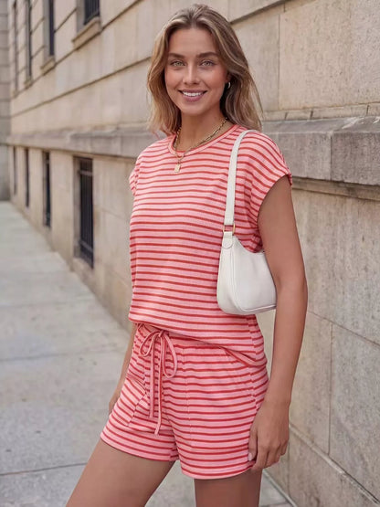Hazel Blues® |  Striped Round Neck Tee and Shorts Set
