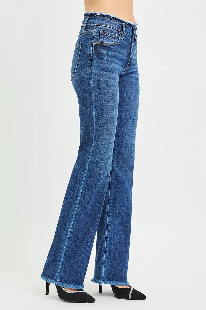 Hazel Blues® | RISEN Mid Rise Bootcut Frayed Waistband Hem Detail Jeans